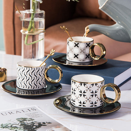 Geometric Ceramic Coffee Cup, Gold-Trimmed: O-Handle Mug