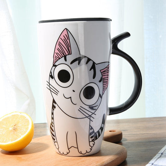 Large Capacity Ceramic Coffee Mug With Lid: Cartoon Cats