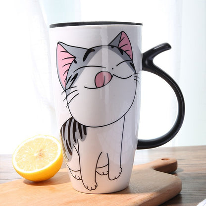 Large Capacity Ceramic Coffee Mug With Lid: Cartoon Cats