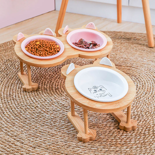 Slightly Tilted Bamboo and Ceramic Pet Bowls