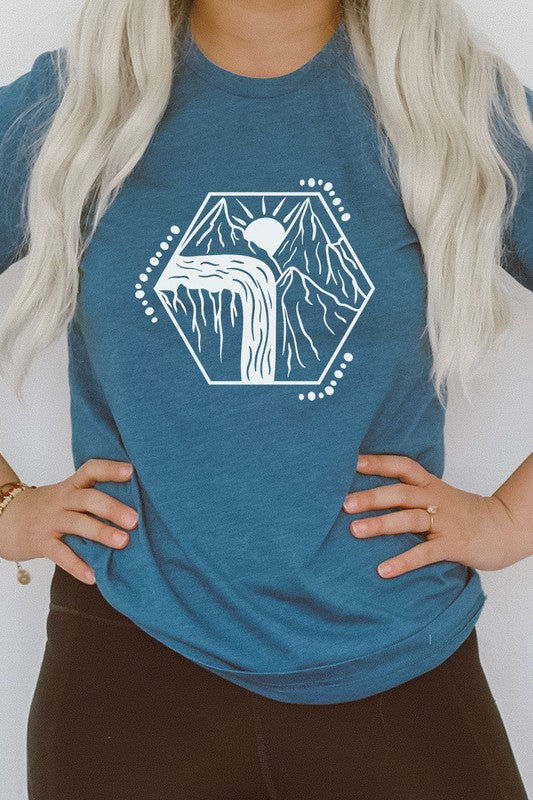 Mountain Waterfall Sunrise Nature Hike Graphic Tee Shirt