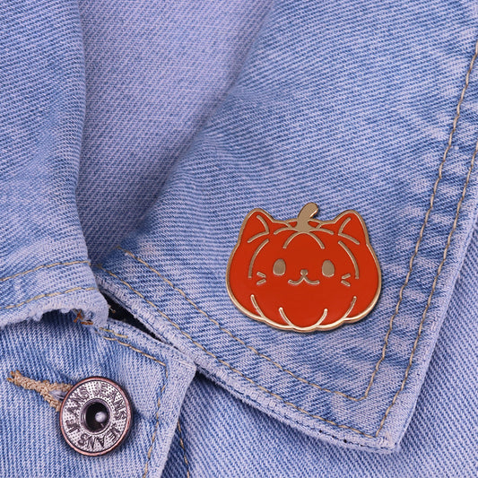 Enameled Pumpkin Cat Pin/Brooch