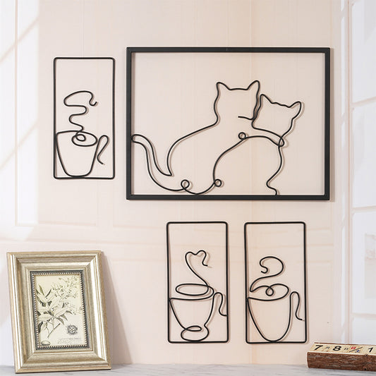 Metal Silhouette of Cats and Coffee Cups Wall Hanging
