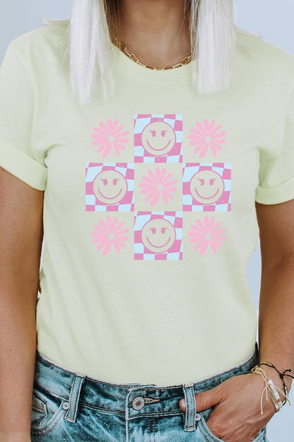 Pastel Checkered Flower Lashes Smiley Graphic Tee Shirt