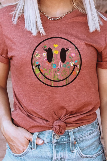 Boho Wildflower Lash Smiley Floral Graphic Tee Shirt