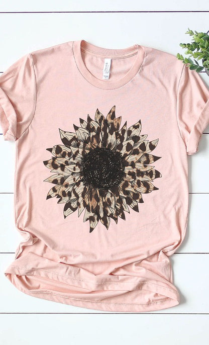 Leopard Print Sunflower Graphic Tee Shirt