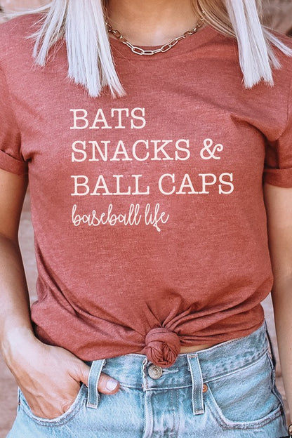 Bats Snacks and BallCaps Baseball Life Graphic Tee Shirt