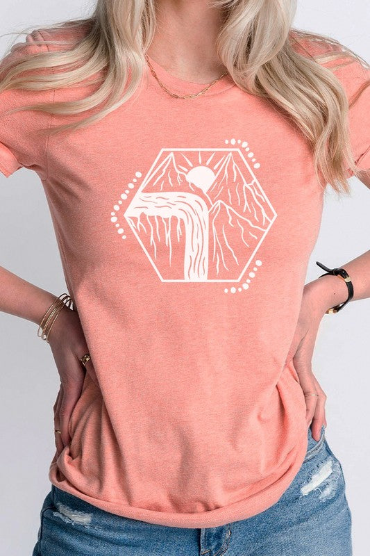 Mountain Waterfall Sunrise Nature Hike Graphic Tee Shirt