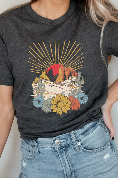 Desert Sunset Arches Floral Cacti Boho Graphic Tee Shirt