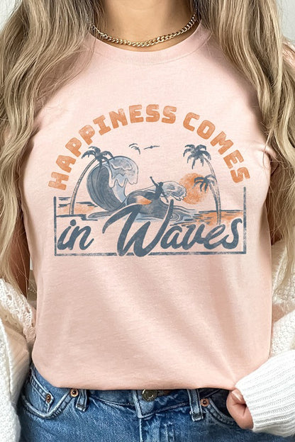 Happiness Comes In Waves Surf Graphic Tee Shirt