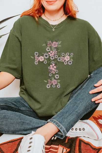 Floral Cross Easter Comfort Colors Graphic Tee Shirt