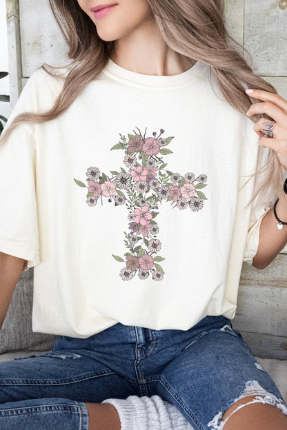 Floral Cross Easter Comfort Colors Graphic Tee Shirt