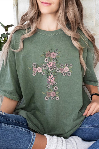 Floral Cross Easter Comfort Colors Graphic Tee Shirt