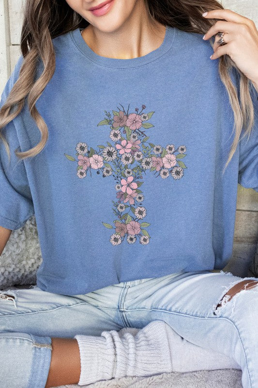 Floral Cross Easter Comfort Colors Graphic Tee Shirt