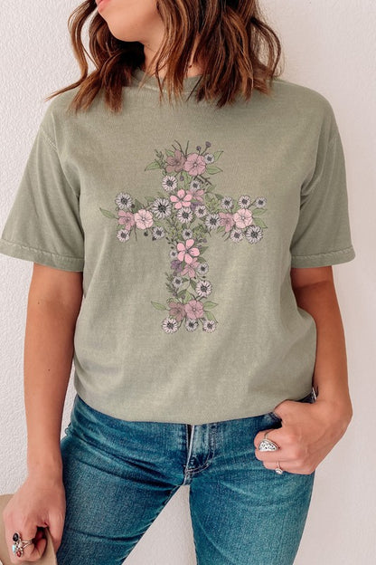 Floral Cross Easter Comfort Colors Graphic Tee Shirt