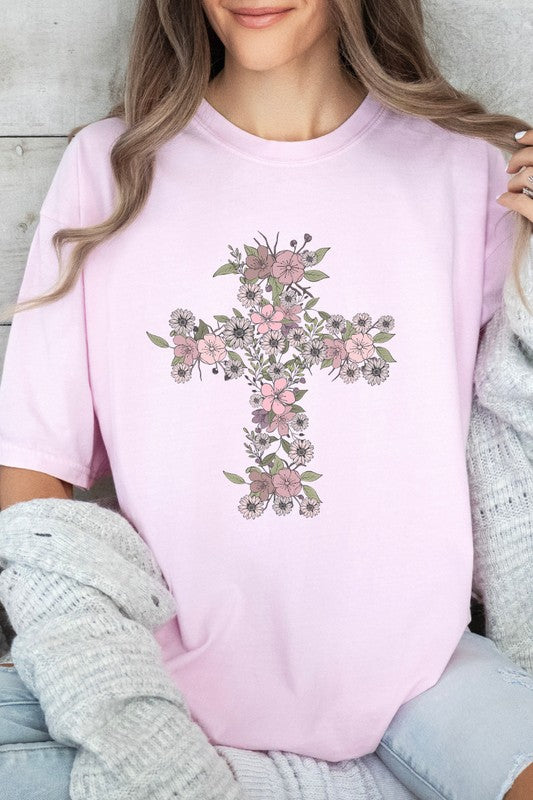 Floral Cross Easter Comfort Colors Graphic Tee Shirt