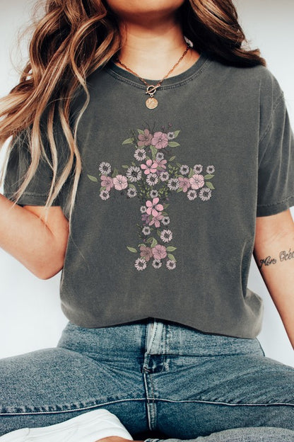 Floral Cross Easter Comfort Colors Graphic Tee Shirt