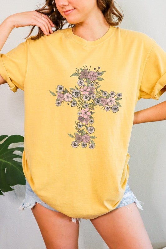 Floral Cross Easter Comfort Colors Graphic Tee Shirt