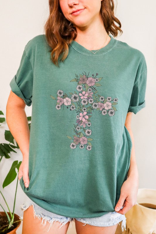 Floral Cross Easter Comfort Colors Graphic Tee Shirt