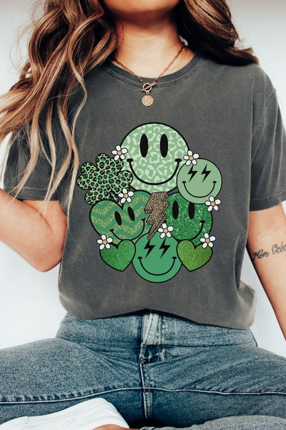 Retro St Patrick's Day Smiley Faces and Shamrock Graphic Tee Shirt