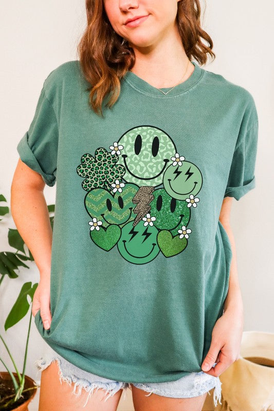 Retro St Patrick's Day Smiley Faces and Shamrock Graphic Tee Shirt