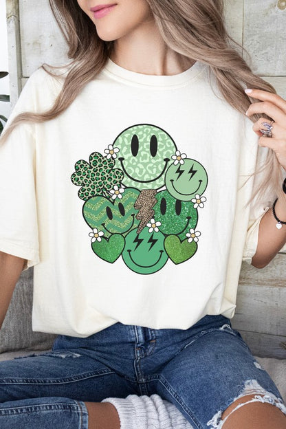 Retro St Patrick's Day Smiley Faces and Shamrock Graphic Tee Shirt