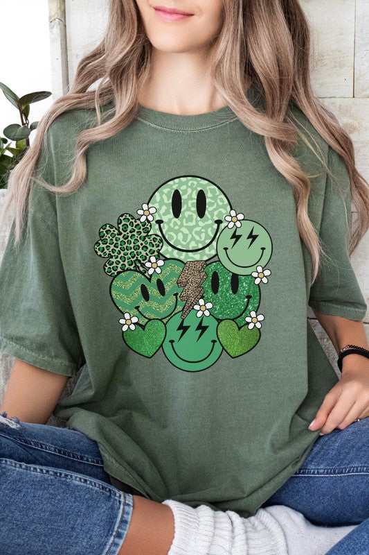 Retro St Patrick's Day Smiley Faces and Shamrock Graphic Tee Shirt