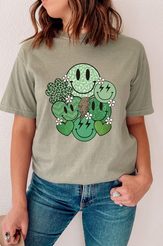 Retro St Patrick's Day Smiley Faces and Shamrock Graphic Tee Shirt