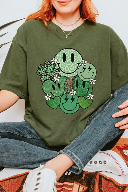 Retro St Patrick's Day Smiley Faces and Shamrock Graphic Tee Shirt