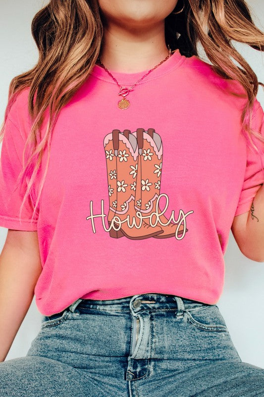 Howdy Large Cowgirl Boots Country Western Graphic Tee Shirt