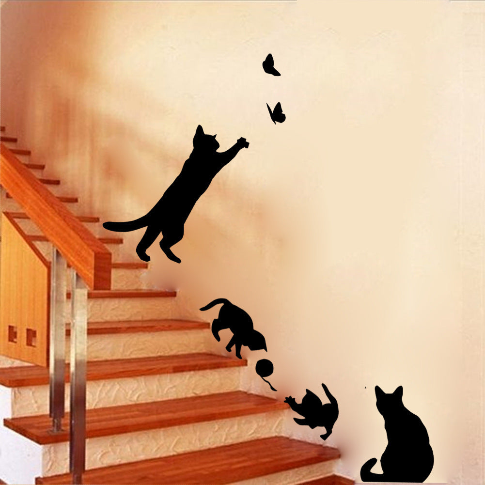 Cat Chasing Butterfly and Ball of Yarn Wall Sticker