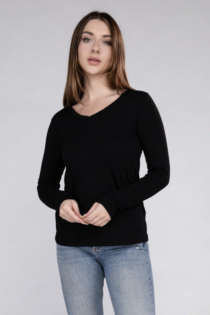 Cotton V-Neck Long Sleeve T-Shirt