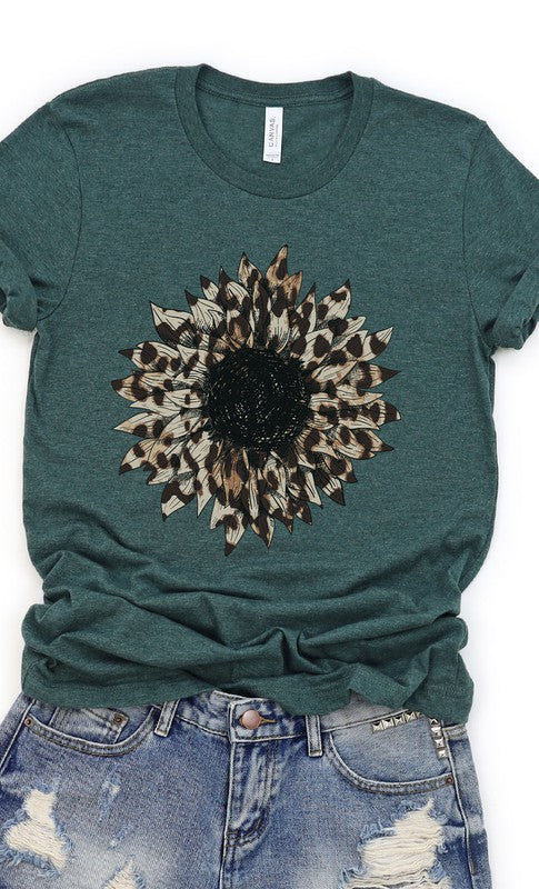 Leopard Print Sunflower Graphic Tee Shirt