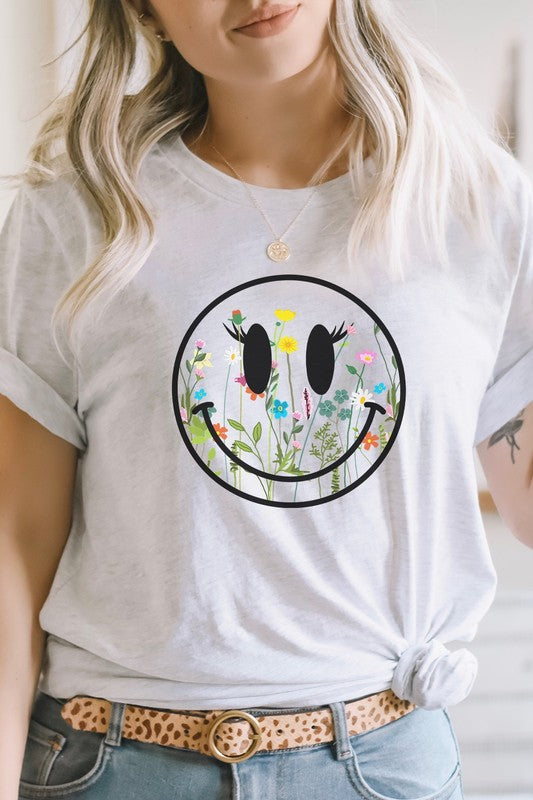 Boho Wildflower Lash Smiley Floral Graphic Tee Shirt