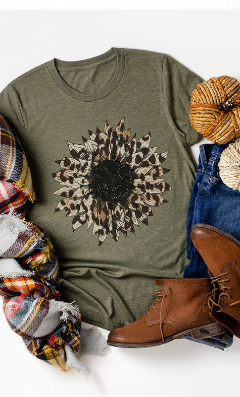 Leopard Print Sunflower Graphic Tee Shirt