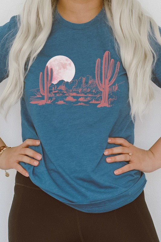 Pink Moon Night Desert Scene Cacti Graphic Tee Shirt