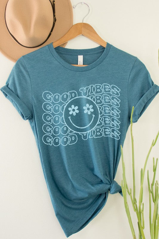 Good Vibes Flower Eyes Smiley Summer Graphic Tee Shirt