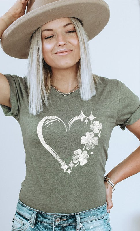 Distressed Clover Heart St Patricks Graphic Tee Shirt