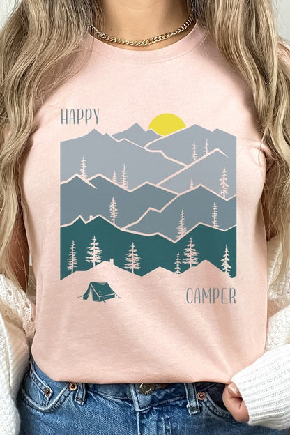 Happy Camper Forest Mountain Sun Rise Graphic Tee Shirt