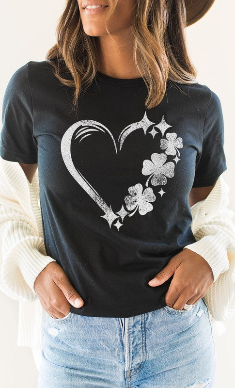 Distressed Clover Heart St Patricks Graphic Tee Shirt