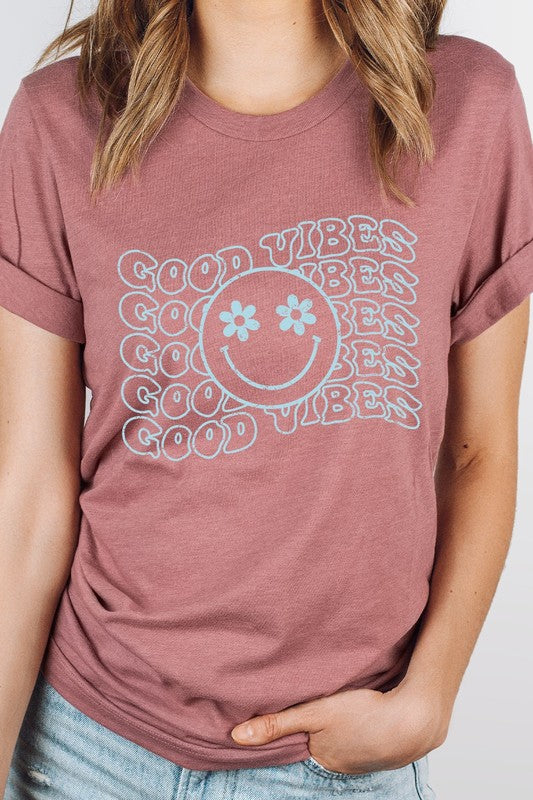 Good Vibes Flower Eyes Smiley Summer Graphic Tee Shirt