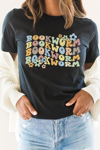 Book Worm Reading Floral School Fall Graphic Tee Shirt