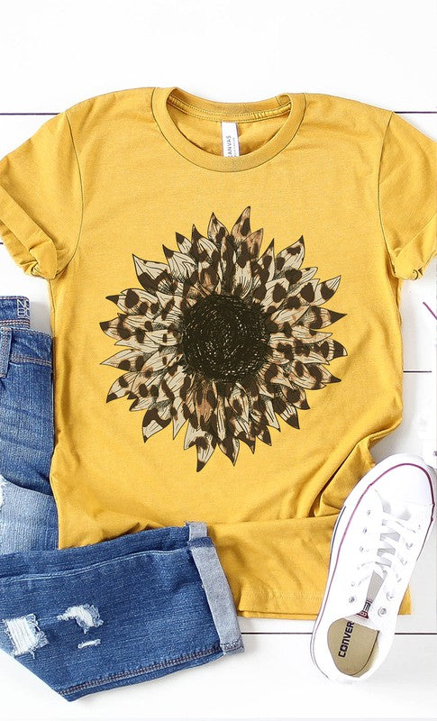 Leopard Print Sunflower Graphic Tee Shirt