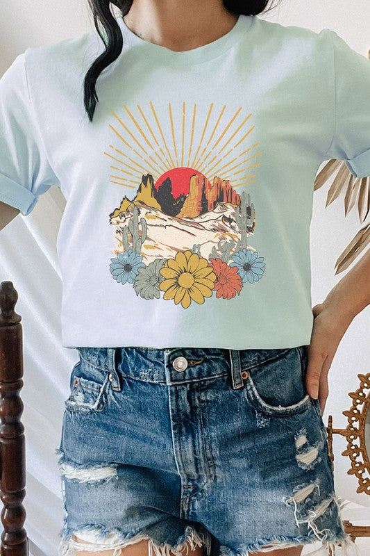 Desert Sunset Arches Floral Cacti Boho Graphic Tee Shirt