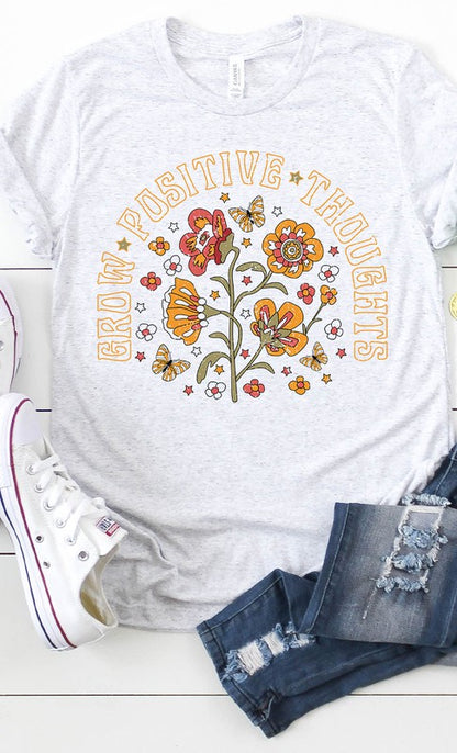 Retro Grow Positive Thoughts Floral Graphic Tee Shirts