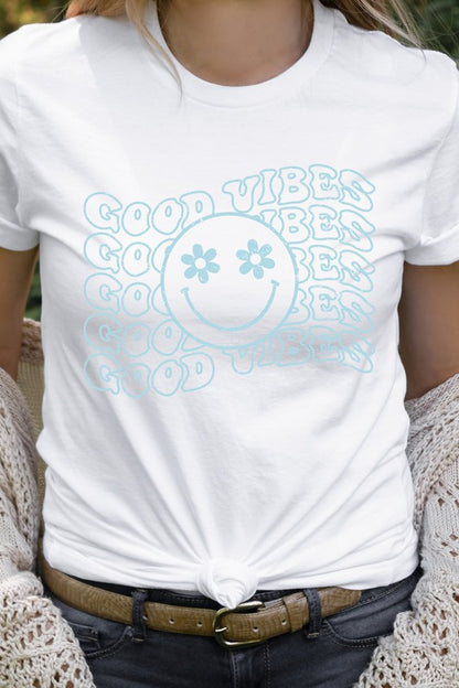 Good Vibes Flower Eyes Smiley Summer Graphic Tee Shirt