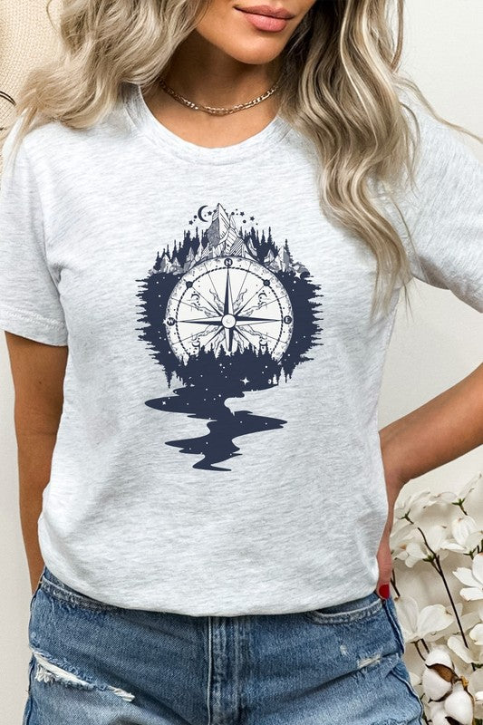 Compass Mountains Forest Night Sky Graphic Tee Shirt