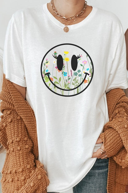 Boho Wildflower Lash Smiley Floral Graphic Tee Shirt