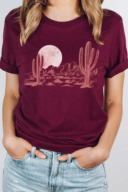 Pink Moon Night Desert Scene Cacti Graphic Tee Shirt