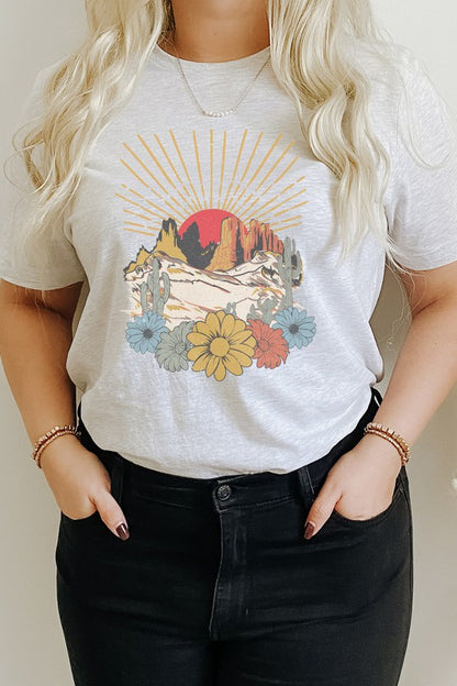 Desert Sunset Arches Floral Cacti Boho Graphic Tee Shirt